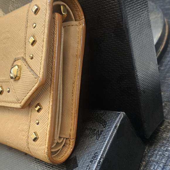 MCM Tan Studded Leather Trifold Wallet - Picture 4 of 10